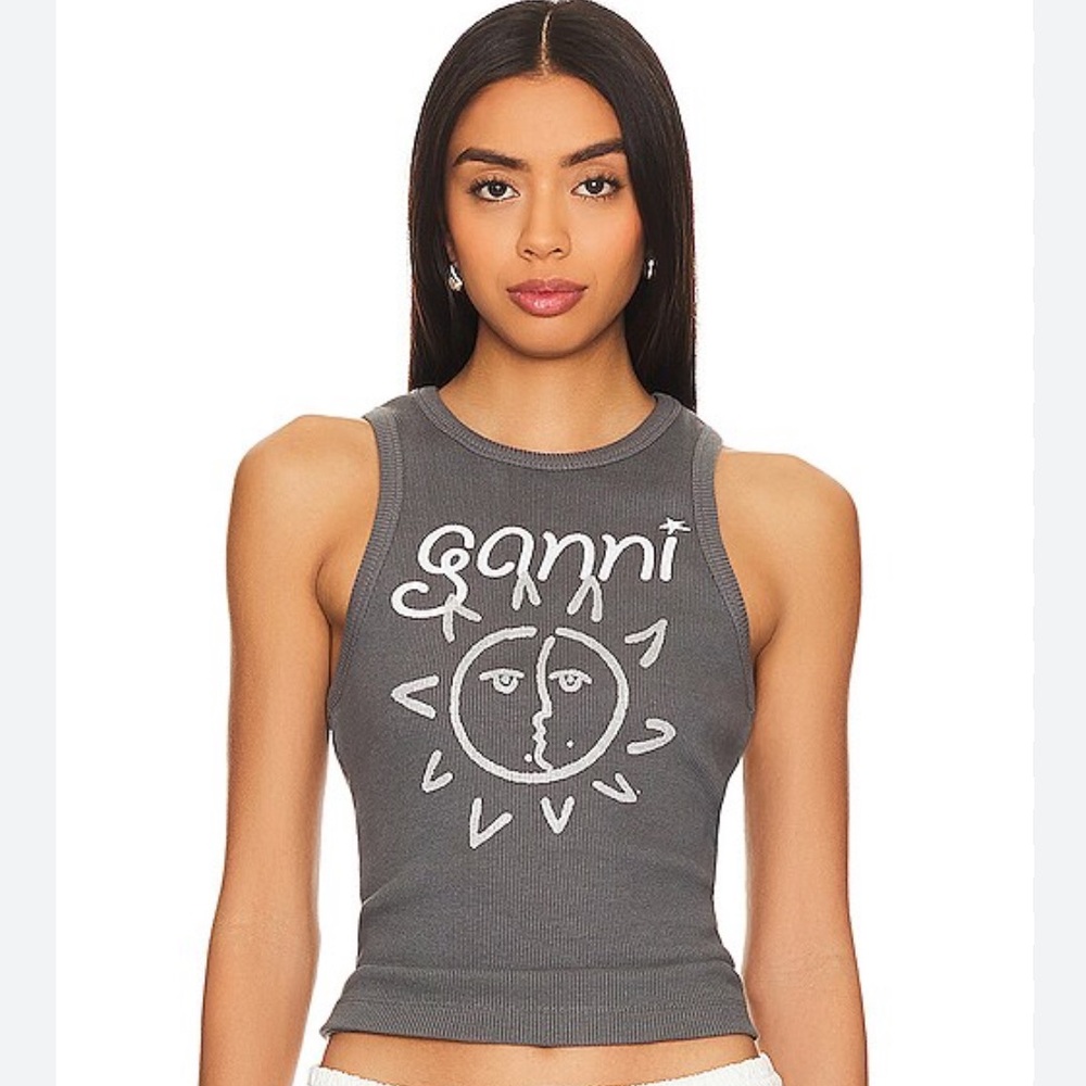 Ganni Charcoal Gray Ribbed Graphic Tank Top with White Sun Motif